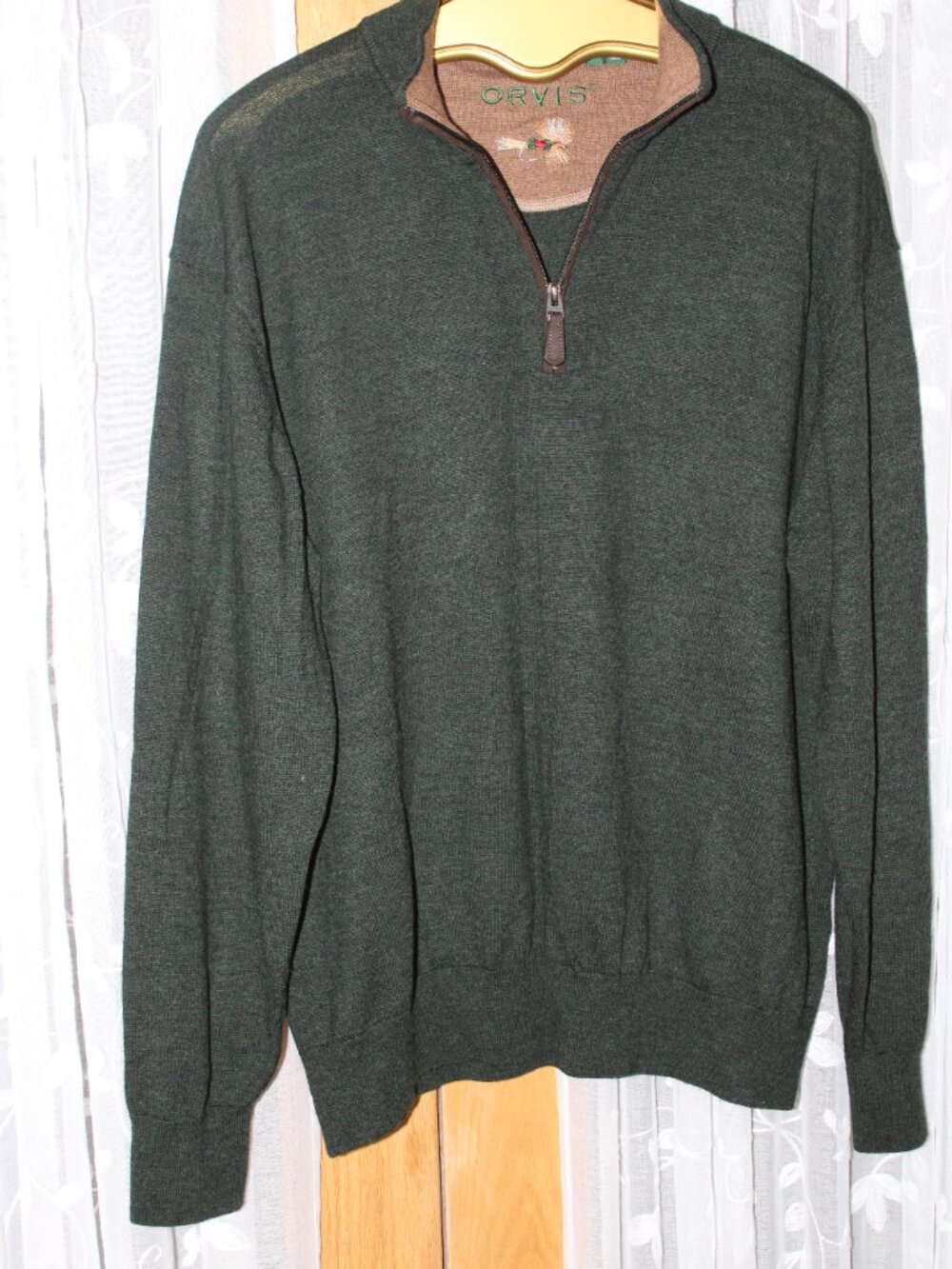 Orvis Men's XL Dark Green Sweater Tight Knit Pullover 100% Meino Wool 1/4 zip